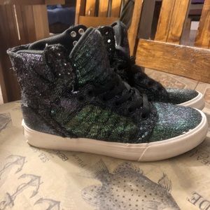 Purple and Teal sequin Supras size 7